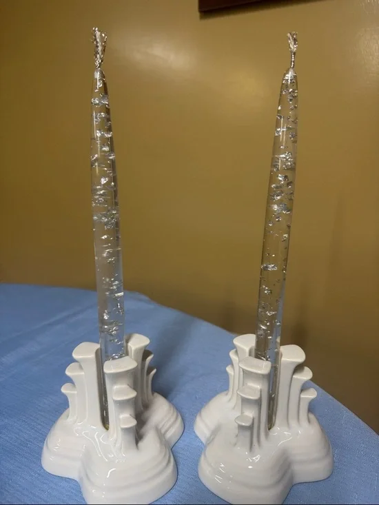Lucite taper candles clear filled with silver flecks 10” tall - Picture 1 of 6